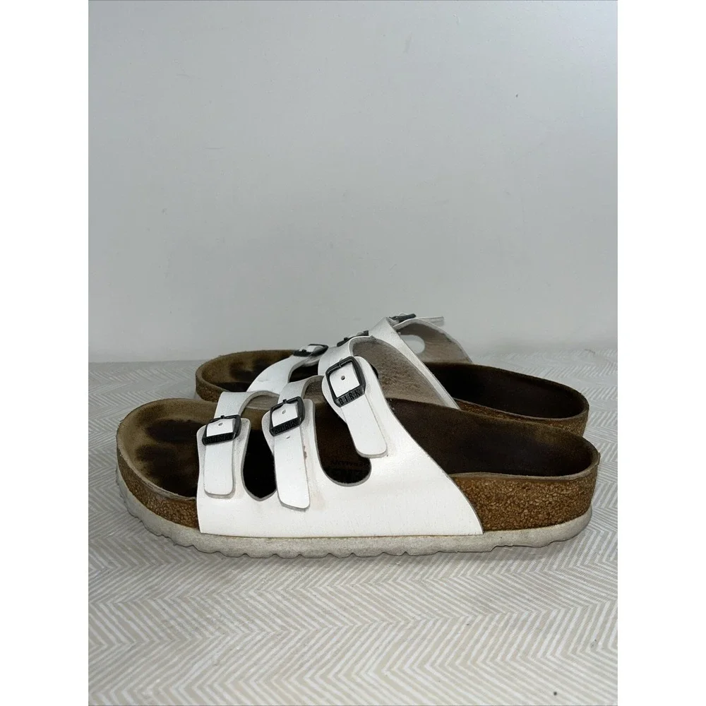 Birkenstock Florida White Womens Size 38 - L 7 Preowned 3 Strap Buckle Sandal